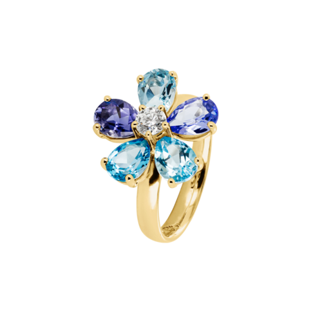 Flowers Ring blue in Yellow Gold