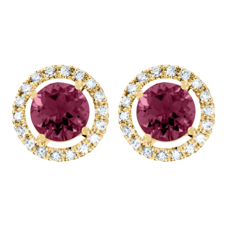 Stud Earrings Halo Rhodolite red in Yellow Gold