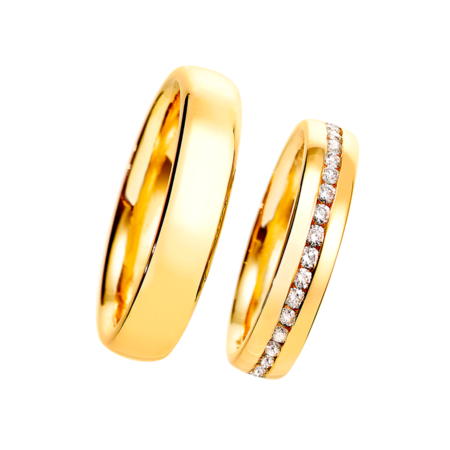 Wedding Rings with Diamond Female Ring (centered) in Yellow Gold