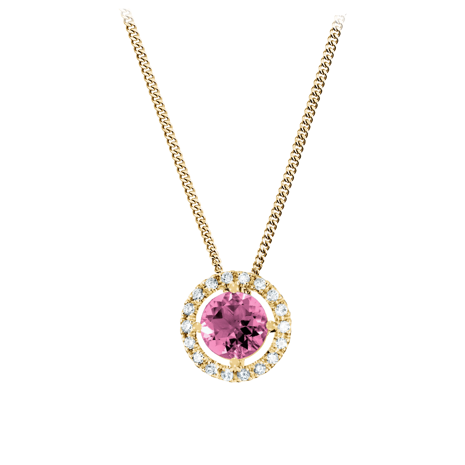 Pendant Halo Tourmaline pink in Yellow Gold